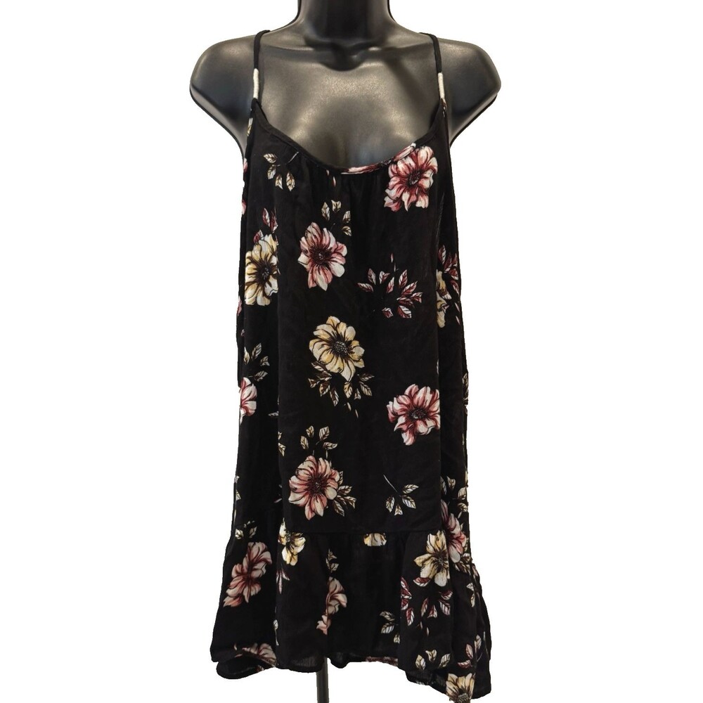 Exist Womens Swim Cover Dress Midi Strappy Open Back Size L Ruffle Black Floral